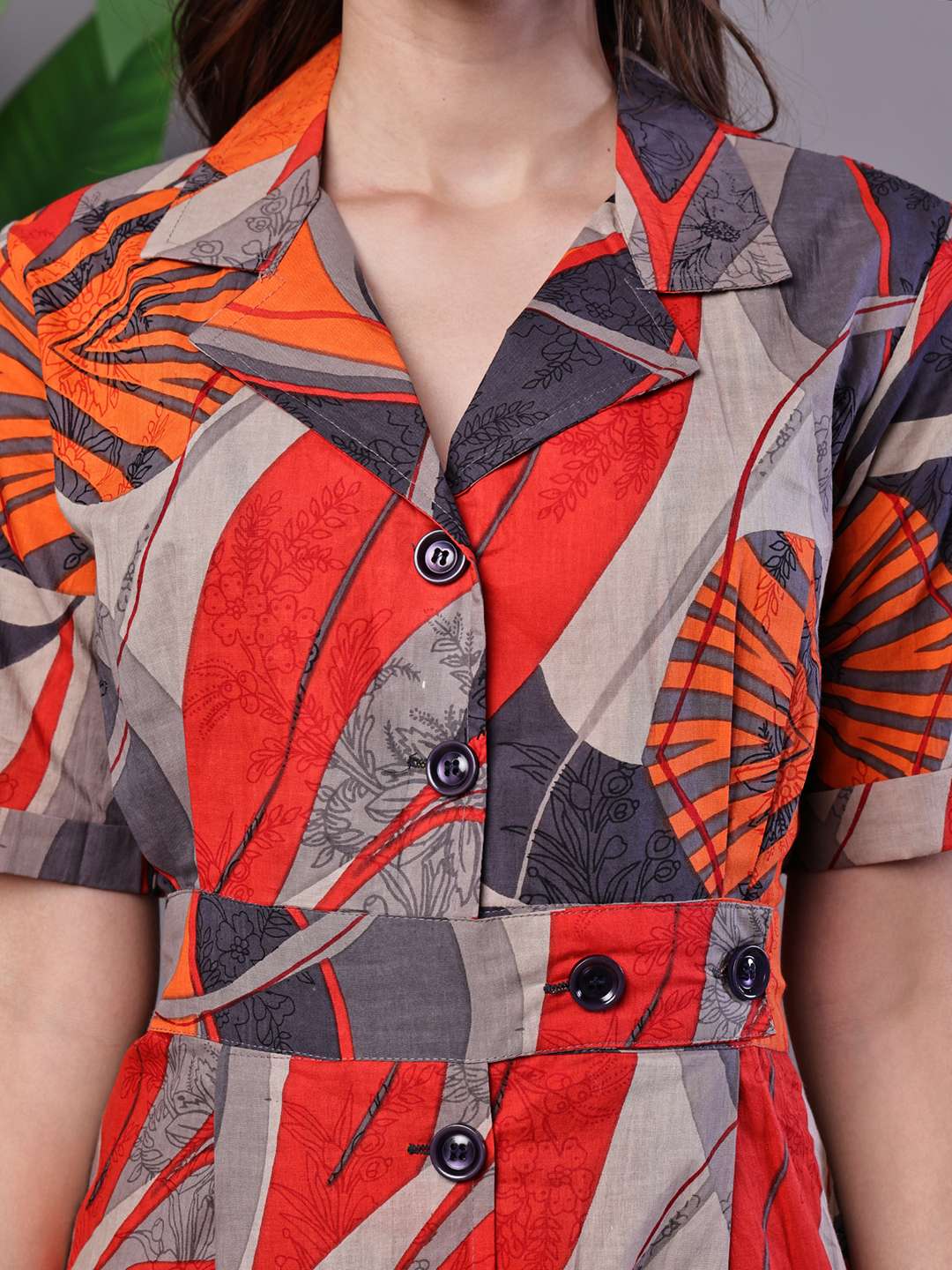 Women's Leaf Print Button-Down Cotton Midi Dress - Image 5